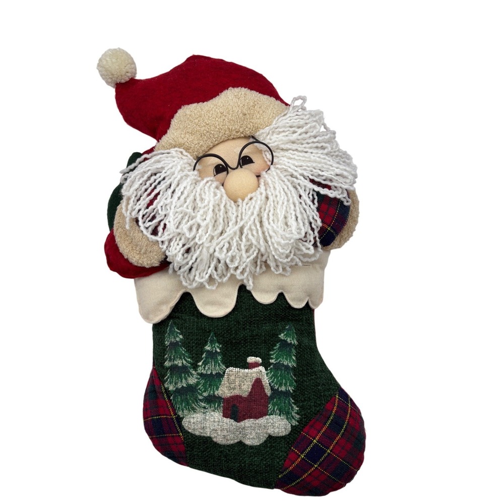 Vtg 3D Plush Santa Christmas Stocking Plaid Winter Cabin Scene Yarn Beard 20"